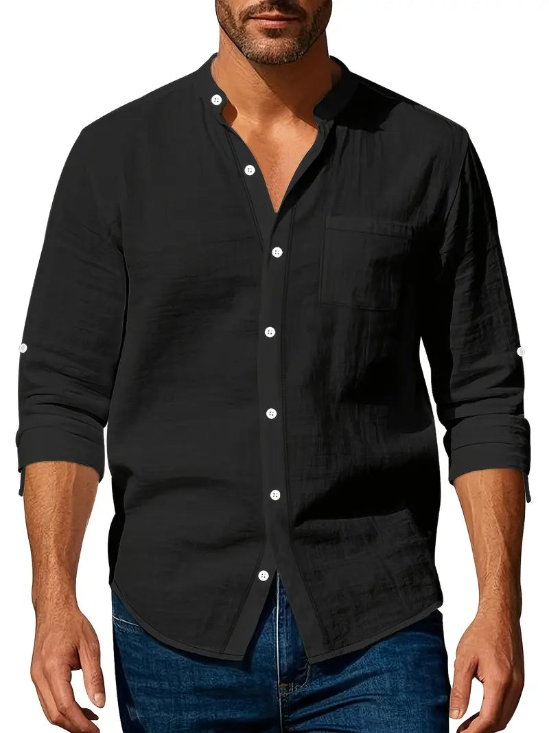 "Chemise légère en lin pour homme, respirante, élégante, idéale pour l'été, coloris classique, manches longues."