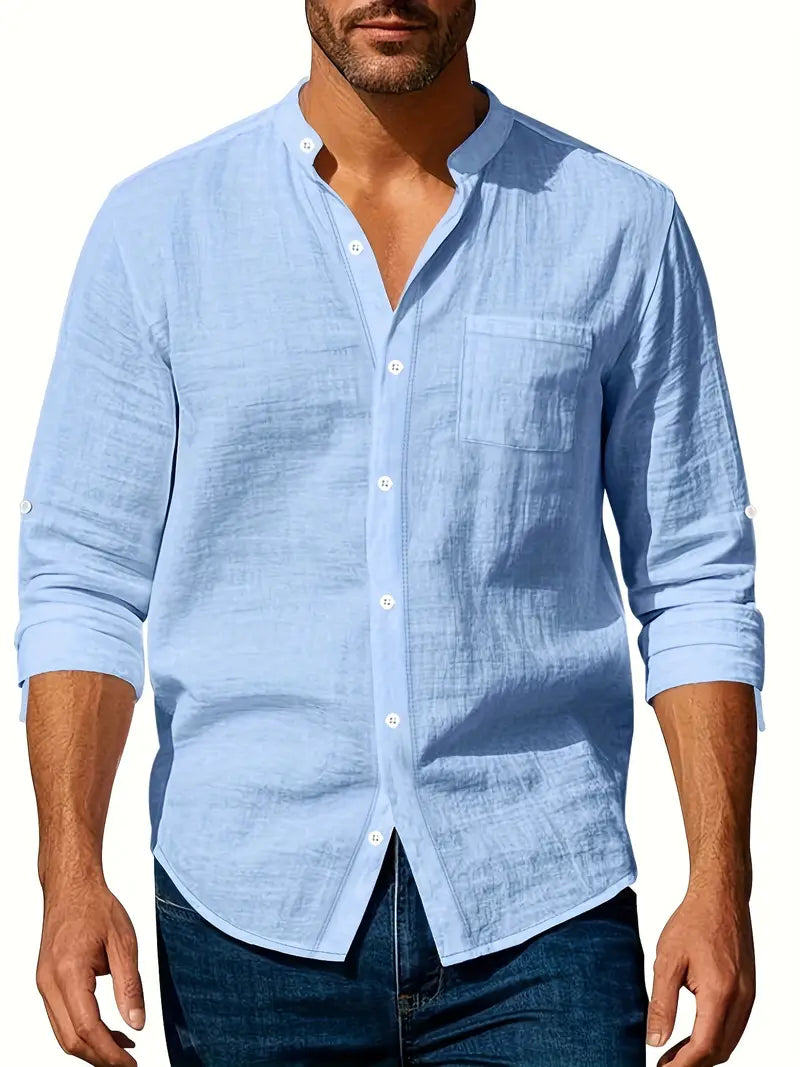 "Chemise légère en lin pour homme, respirante, élégante, idéale pour l'été, coloris classique, manches longues."