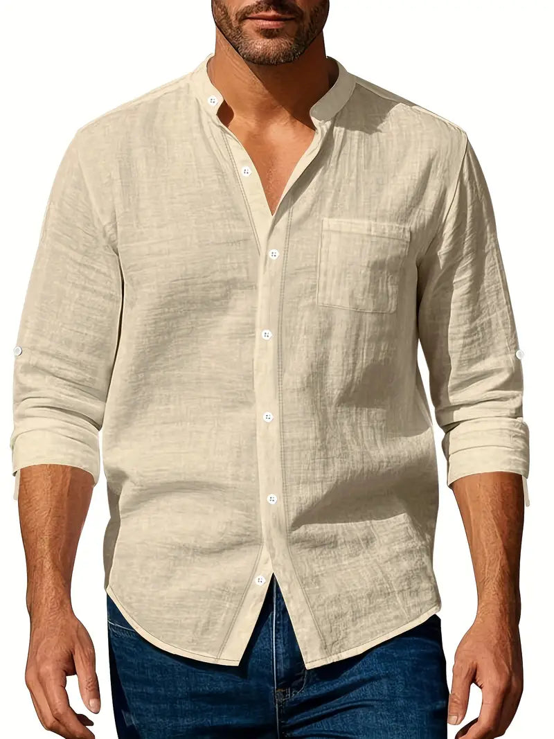 "Chemise légère en lin pour homme, respirante, élégante, idéale pour l'été, coloris classique, manches longues."