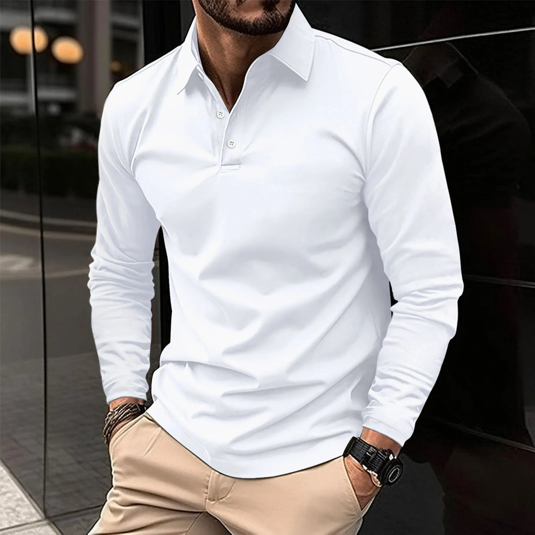 Chemise polo jean homme manches longues, élégante et décontractée, coupe ajustée, tissu bleu respirant, idéale style versatil