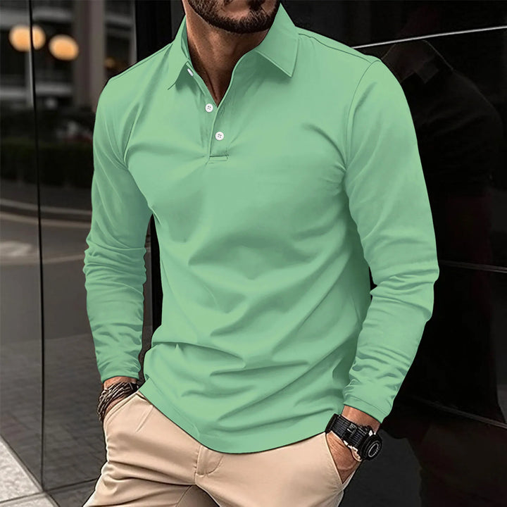 Chemise polo jean homme manches longues, élégante et décontractée, coupe ajustée, tissu bleu respirant, idéale style versatil
