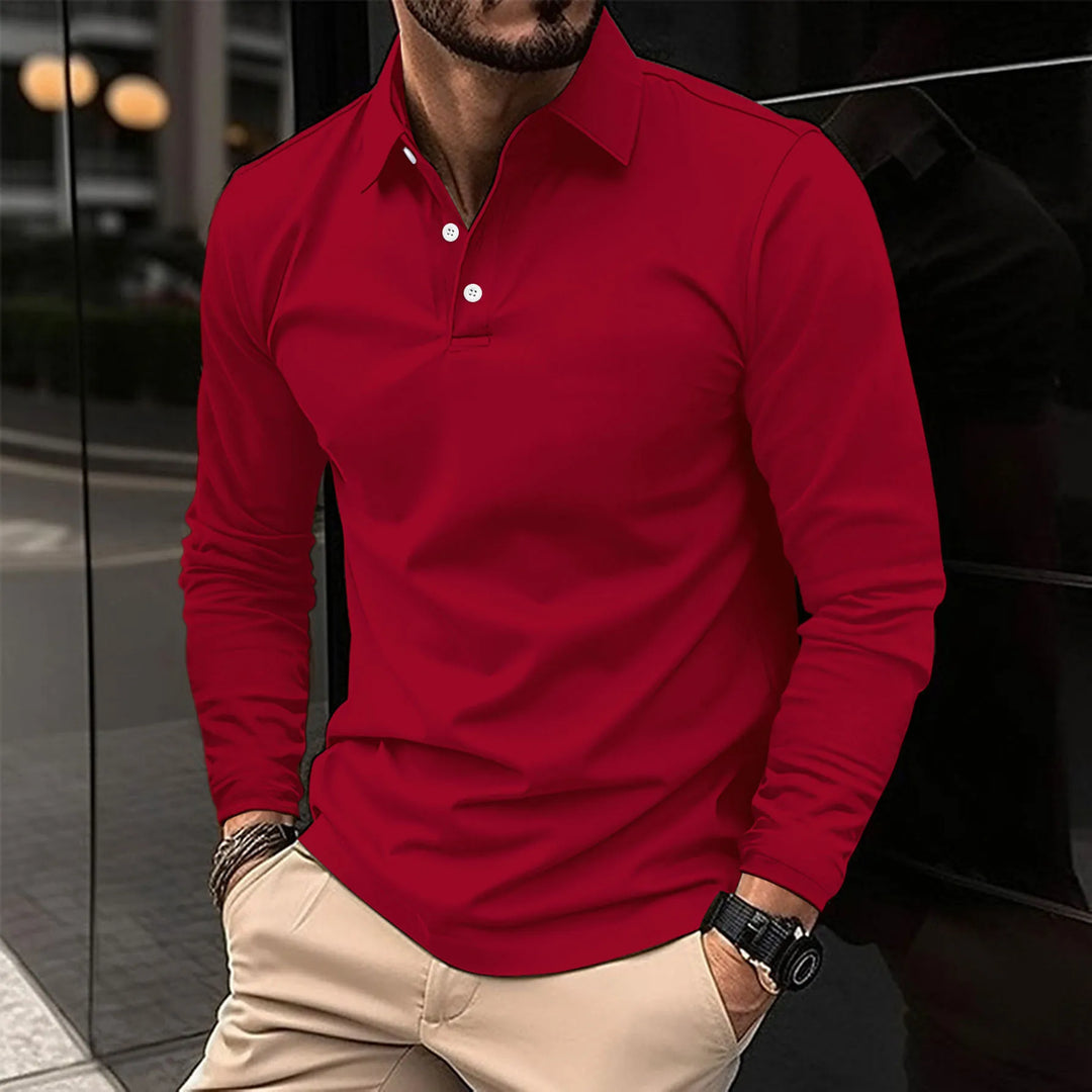 Chemise polo jean homme manches longues, élégante et décontractée, coupe ajustée, tissu bleu respirant, idéale style versatil
