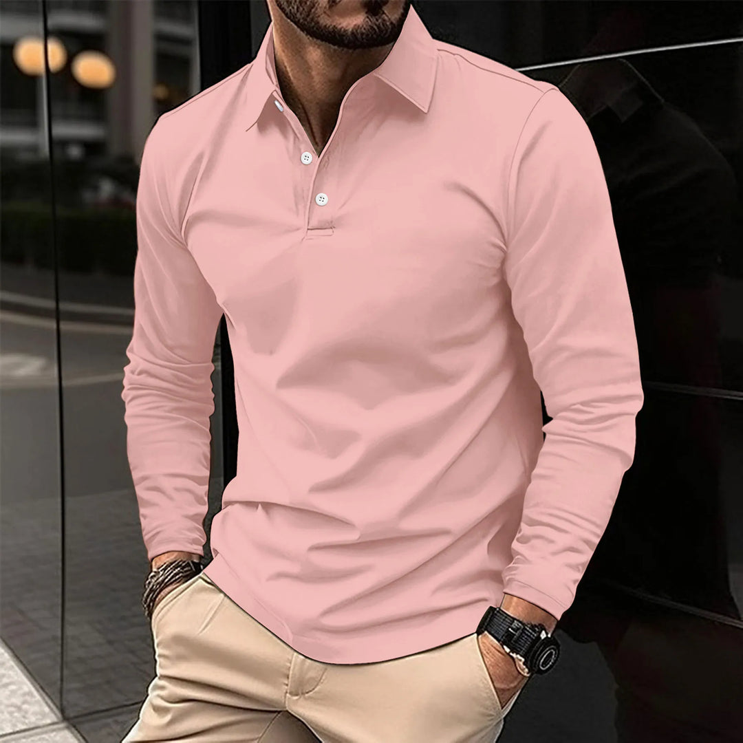 Chemise polo jean homme manches longues, élégante et décontractée, coupe ajustée, tissu bleu respirant, idéale style versatil