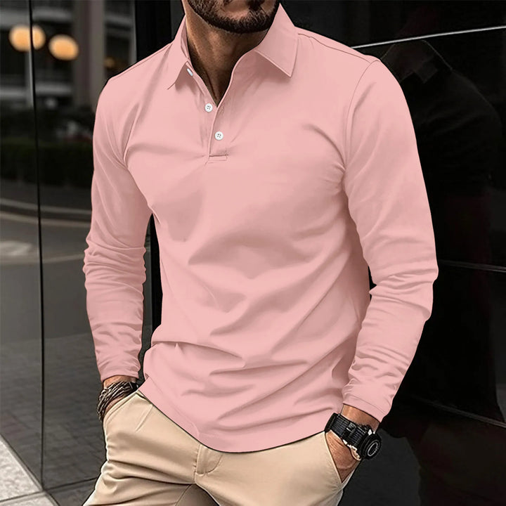 Chemise polo jean homme manches longues, élégante et décontractée, coupe ajustée, tissu bleu respirant, idéale style versatil