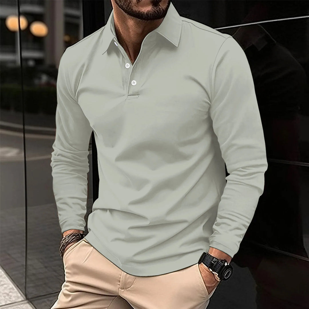 Chemise polo jean homme manches longues, élégante et décontractée, coupe ajustée, tissu bleu respirant, idéale style versatil