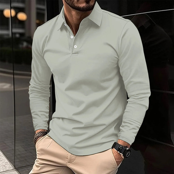 Chemise polo jean homme manches longues, élégante et décontractée, coupe ajustée, tissu bleu respirant, idéale style versatil