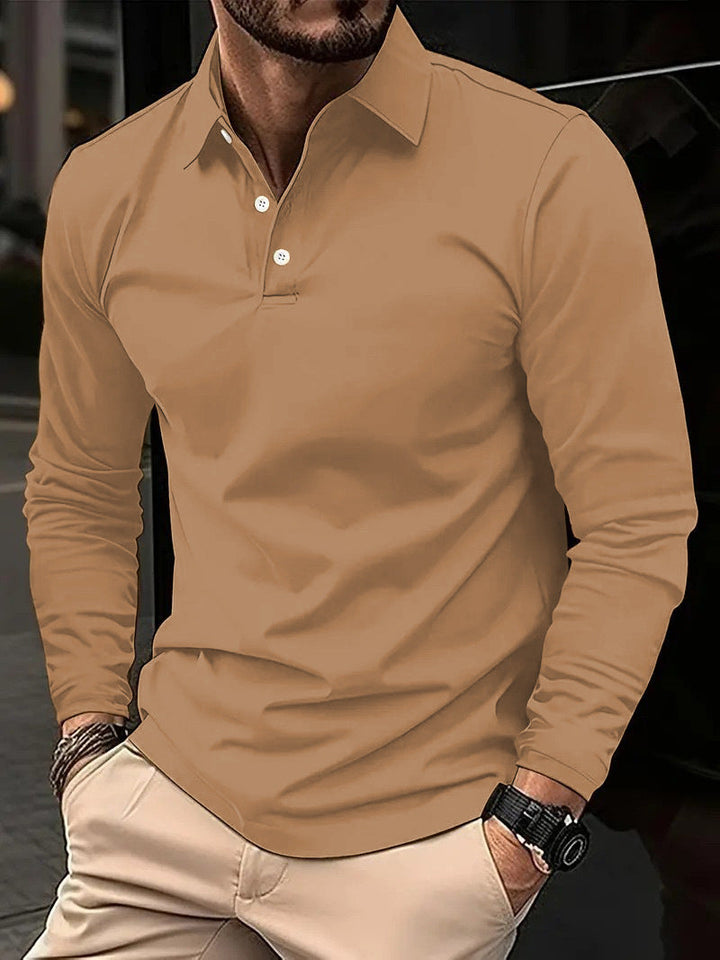 Chemise polo jean homme manches longues, élégante et décontractée, coupe ajustée, tissu bleu respirant, idéale style versatil
