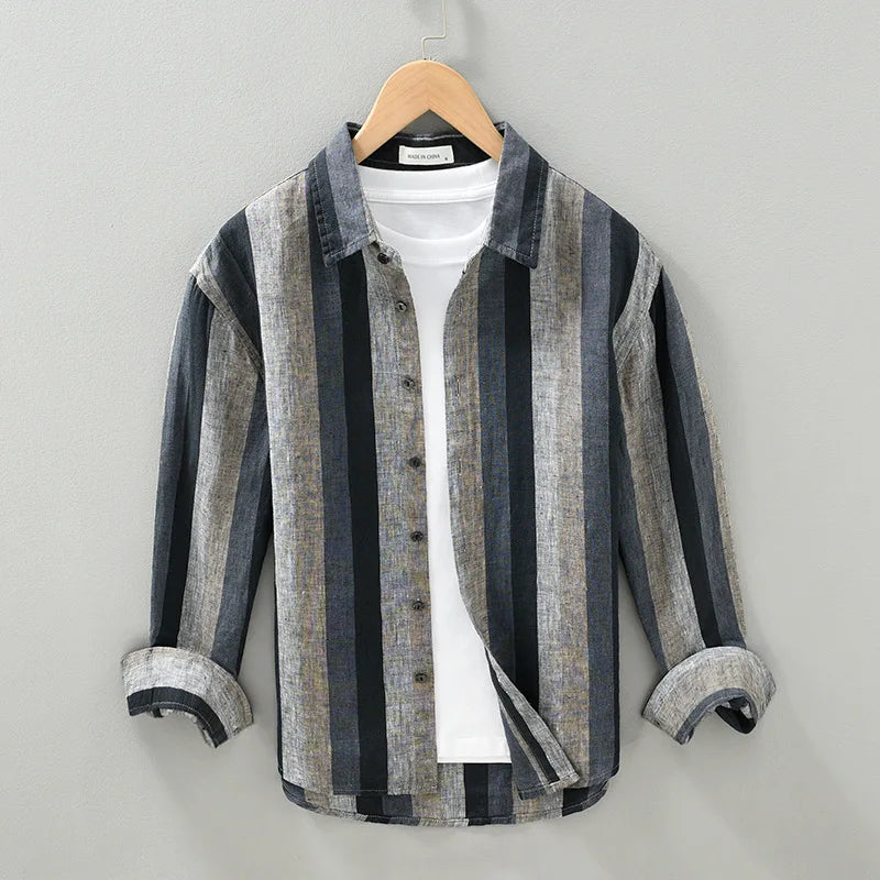 "Chemise rayée élégante en lin pour hommes, manches longues, bleu et kaki, tissu léger et respirant."