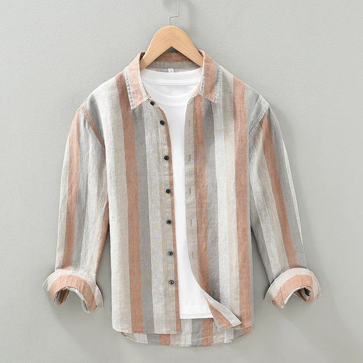 "Chemise rayée élégante en lin pour hommes, manches longues, bleu et kaki, tissu léger et respirant."