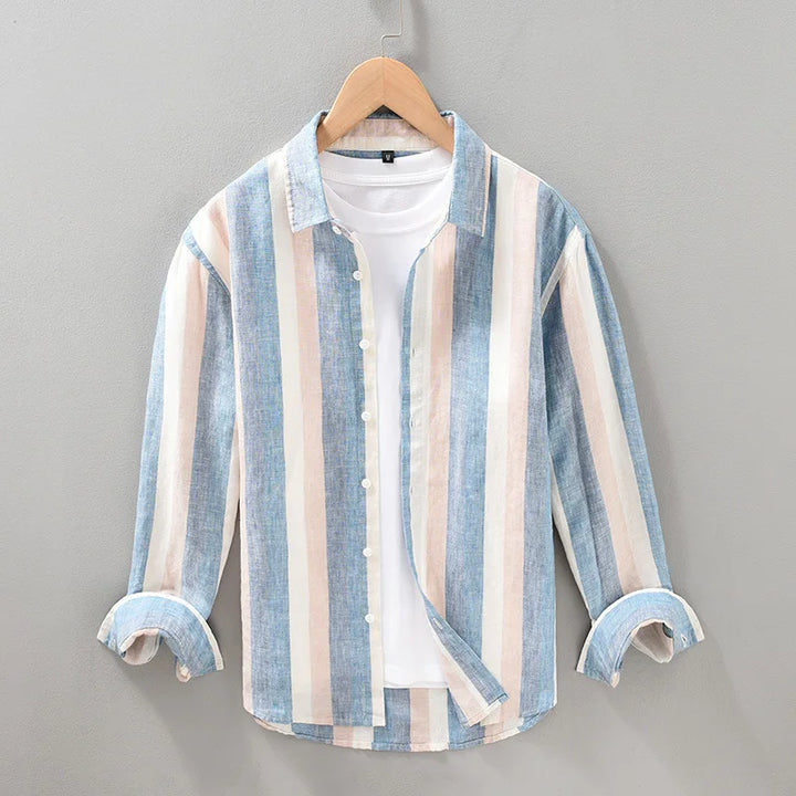 "Chemise rayée élégante en lin pour hommes, manches longues, bleu et kaki, tissu léger et respirant."