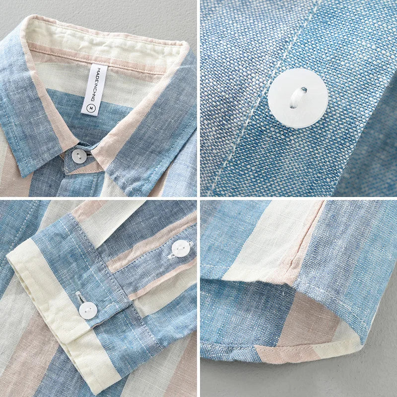 "Chemise rayée élégante en lin pour hommes, manches longues, bleu et kaki, tissu léger et respirant."