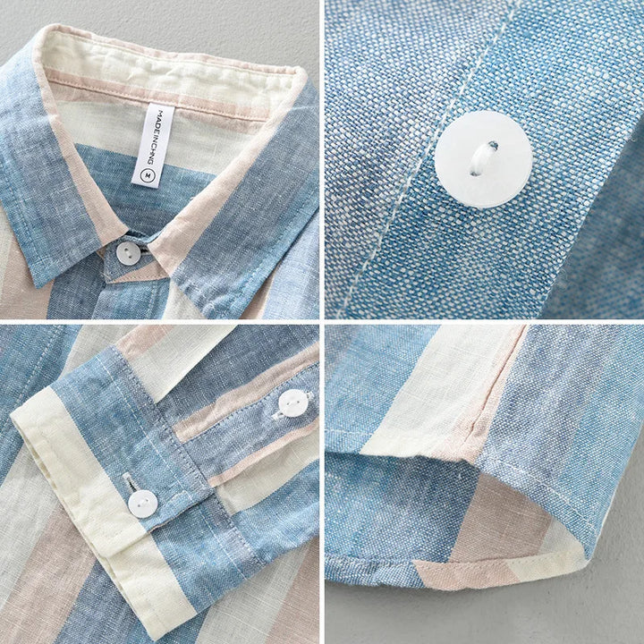 "Chemise rayée élégante en lin pour hommes, manches longues, bleu et kaki, tissu léger et respirant."