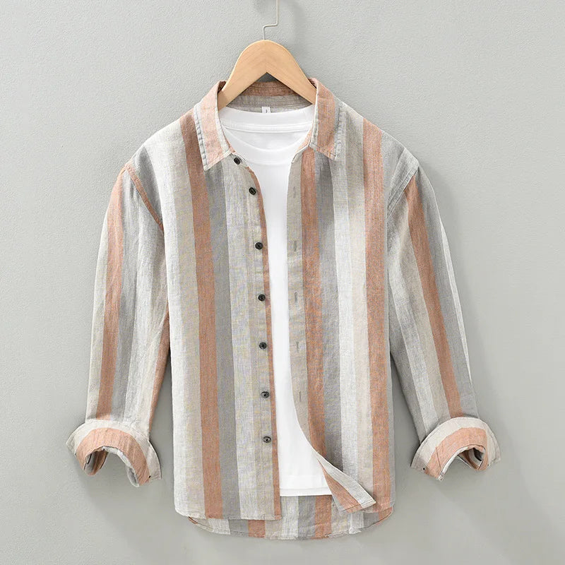 "Chemise rayée élégante en lin pour hommes, manches longues, bleu et kaki, tissu léger et respirant."