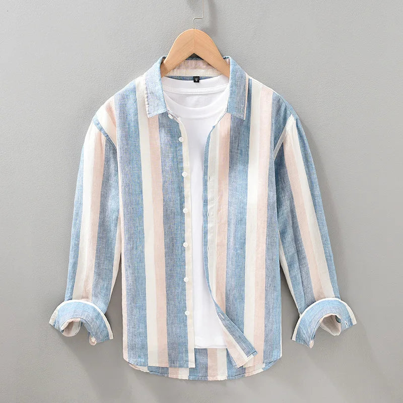 "Chemise rayée élégante en lin pour hommes, manches longues, bleu et kaki, tissu léger et respirant."