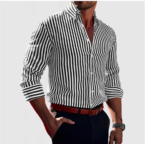 "Chemise rayée en coton homme, tissu respirant, style élégant et confortable, détails raffinés, couleur classique."