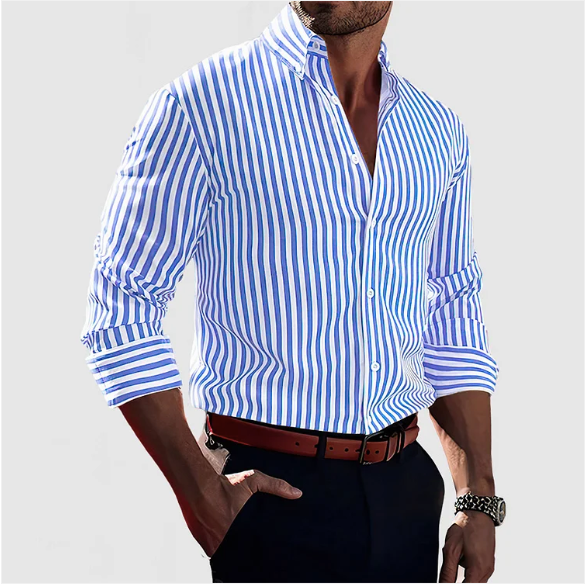 "Chemise rayée en coton homme, tissu respirant, style élégant et confortable, détails raffinés, couleur classique."
