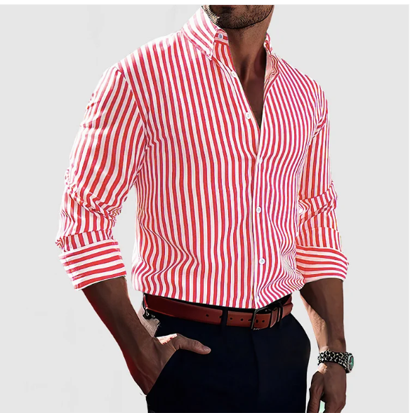 "Chemise rayée en coton homme, tissu respirant, style élégant et confortable, détails raffinés, couleur classique."