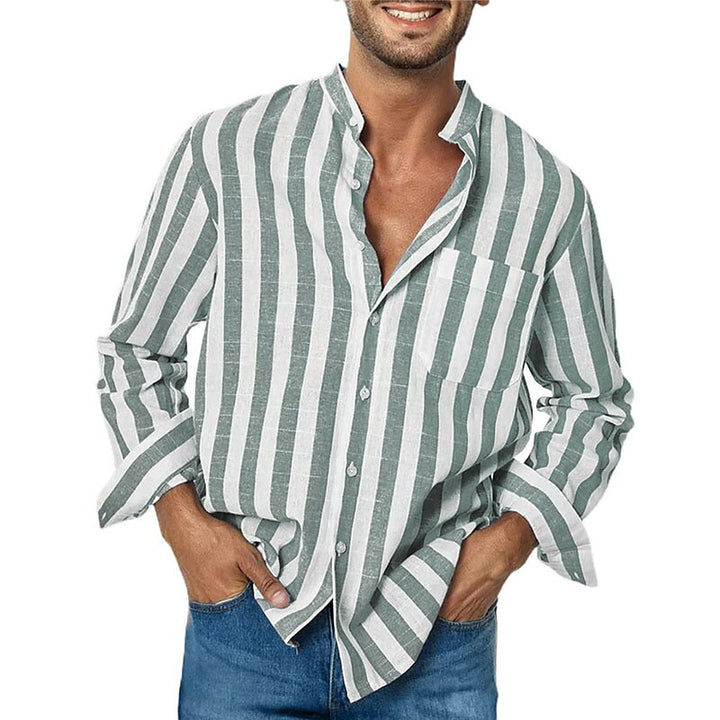 "Chemise rayée en coton pour homme, manches longues, bleu et blanc, style décontracté chic, idéale bureau et sorties"