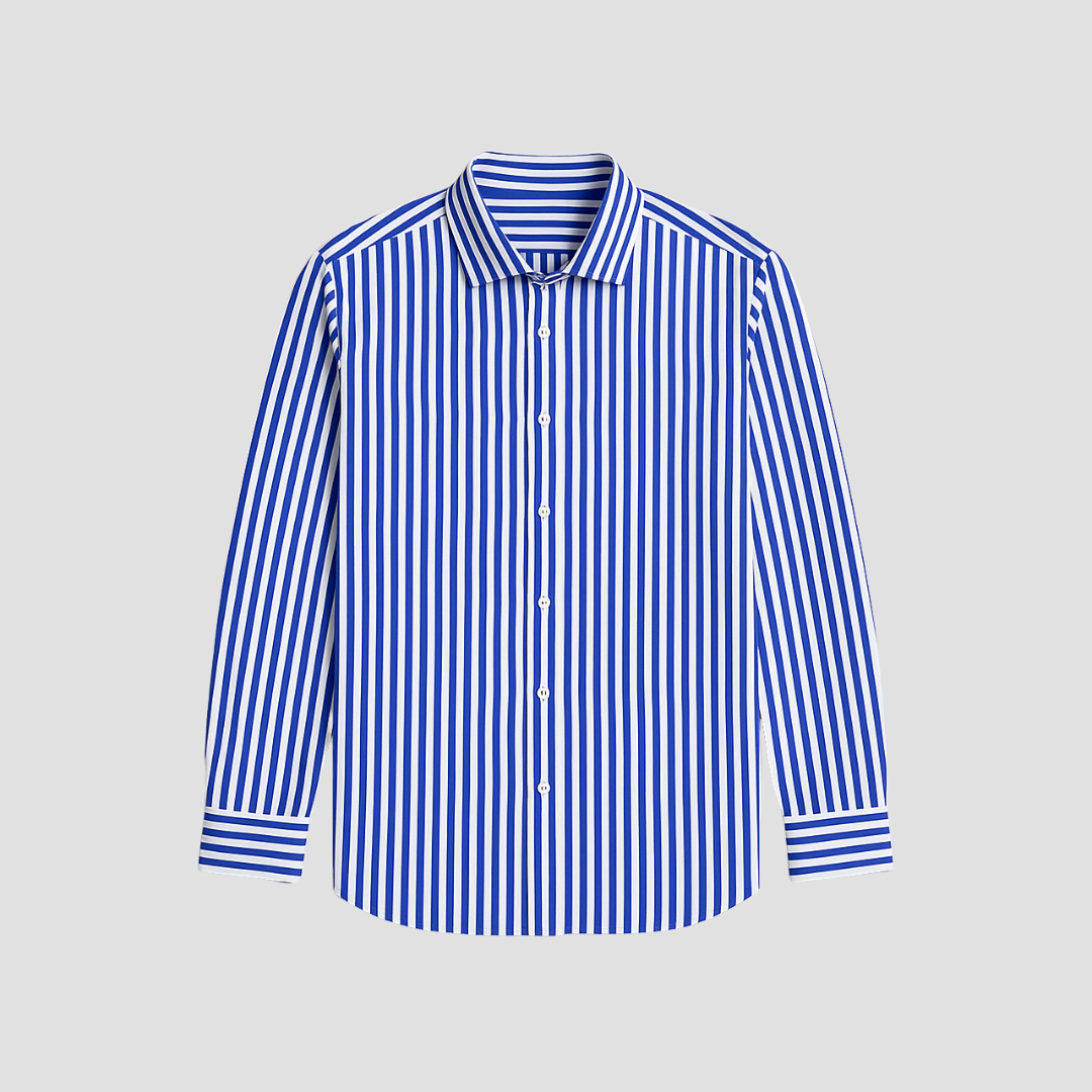 Chemise rayée homme en coton premium, manches longues, coupe ajustée, motif rayé classique, élégance et confort sophistique.