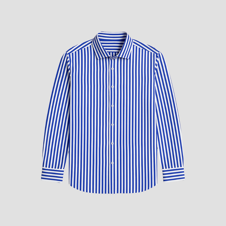 Chemise rayée homme en coton premium, manches longues, coupe ajustée, motif rayé classique, élégance et confort sophistique.