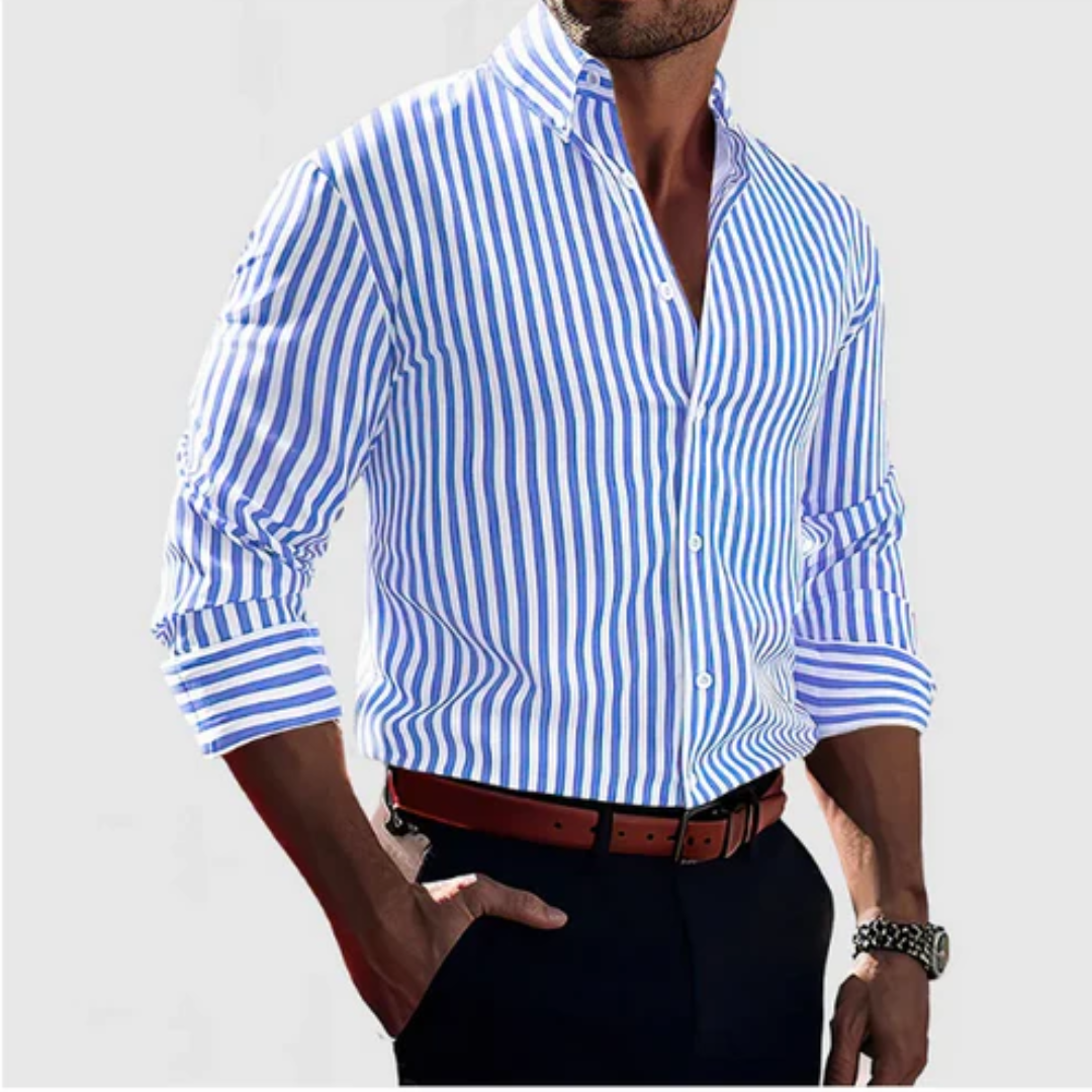 Chemise rayée homme en coton premium, manches longues, coupe ajustée, motif rayé classique, élégance et confort sophistique.