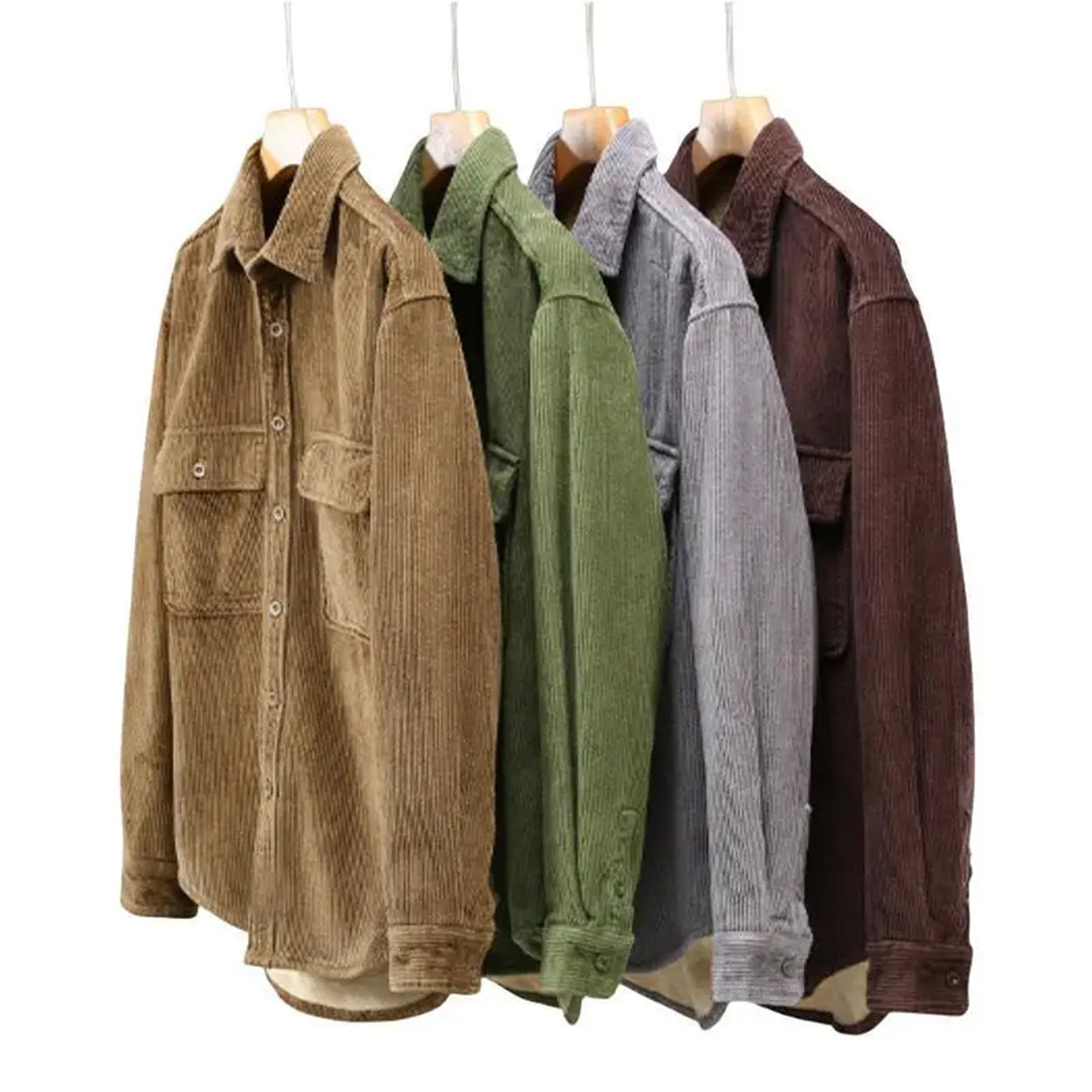 "Chemise velours côtelé kaki homme, coupe décontractée, texture élégante, idéale pour l'hiver, style et confort"