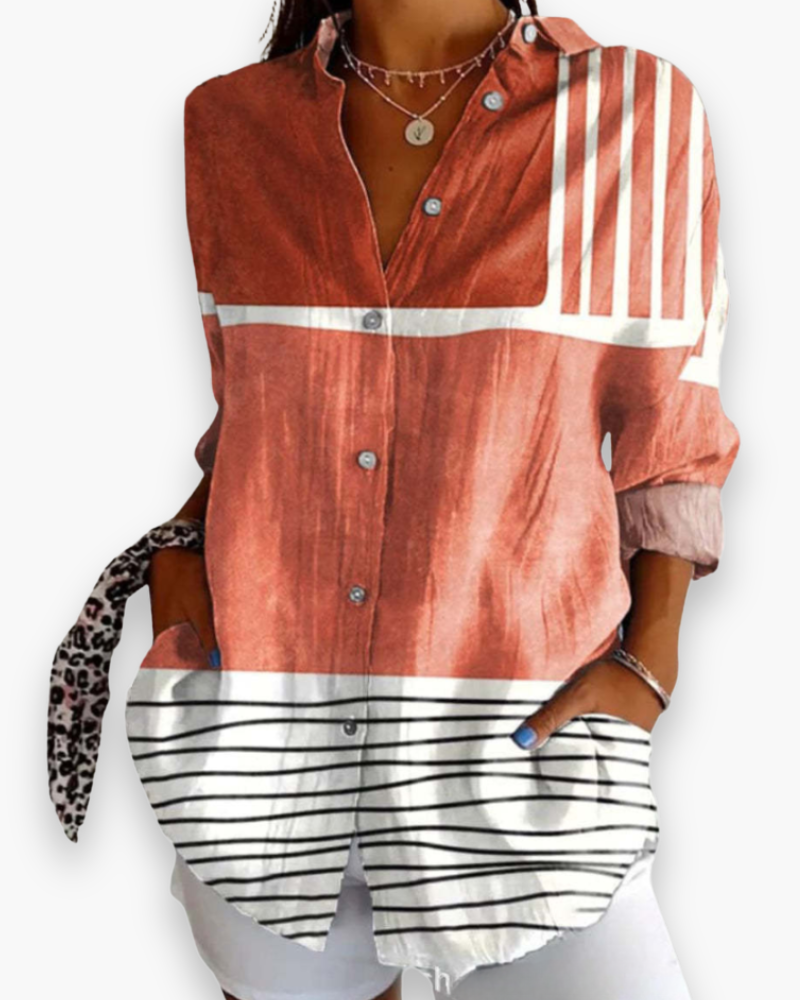 "Chemisier femme élégant avec imprimé moderne, style chic et confort, polyvalent pour looks casual et raffinés."