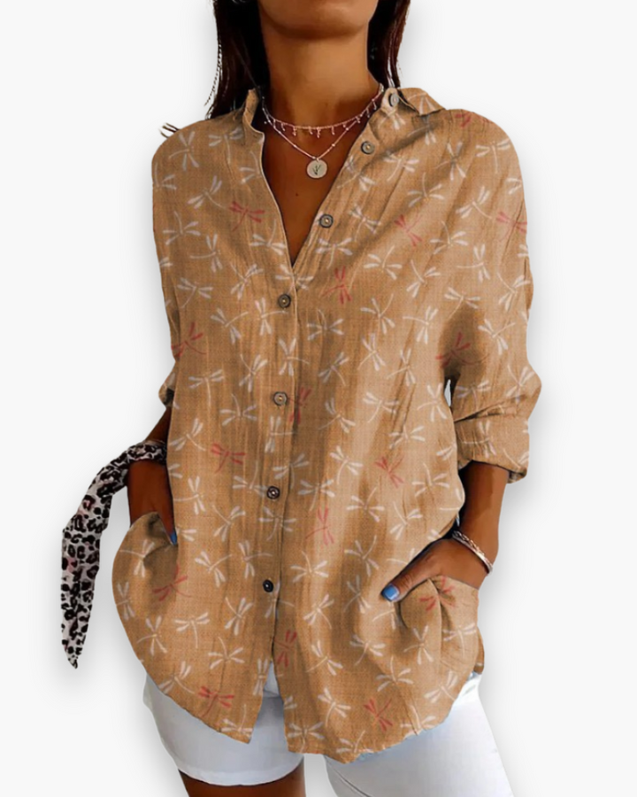 "Chemisier femme élégant avec imprimé moderne, style chic et confort, polyvalent pour looks casual et raffinés."