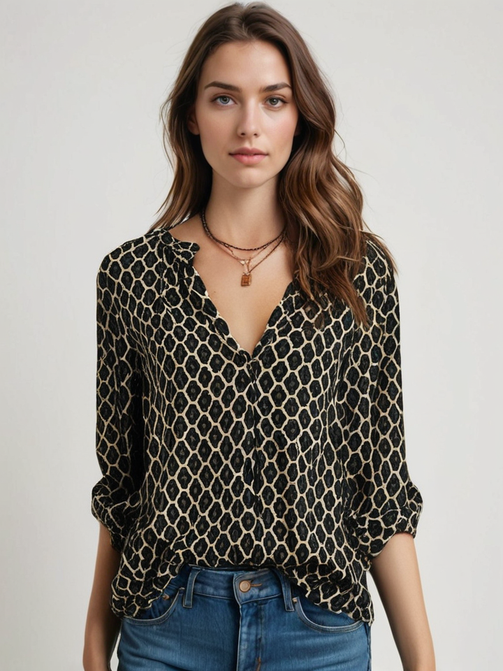 "Chemisier femme en coton, col V élégant, manches longues, motif géométrique, disponible en bleu, noir et rouge."