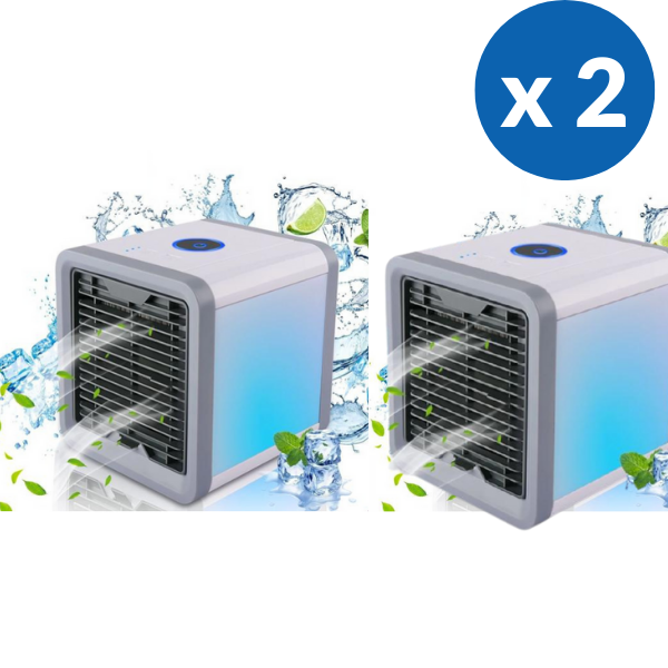 "Climatiseur portable 3-en-1 compact, polyvalent, avec éclairage LED multicolore, idéal pour refroidir et humidifier."