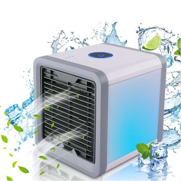 "Climatiseur portable 3-en-1 compact, polyvalent, avec éclairage LED multicolore, idéal pour refroidir et humidifier."