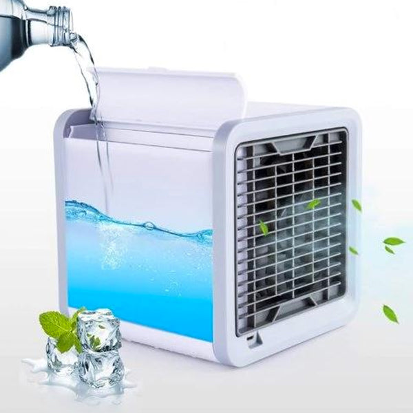 "Climatiseur portable 3-en-1 compact, polyvalent, avec éclairage LED multicolore, idéal pour refroidir et humidifier."