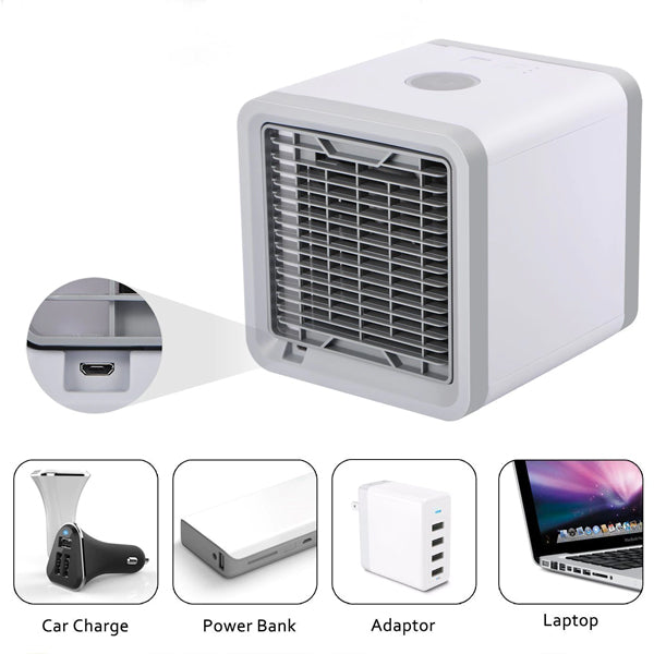 "Climatiseur portable 3-en-1 compact, polyvalent, avec éclairage LED multicolore, idéal pour refroidir et humidifier."