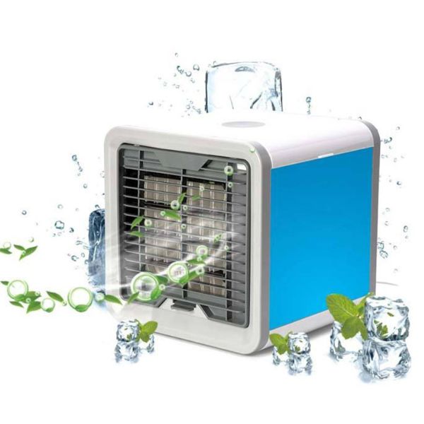 "Climatiseur portable 3-en-1 compact, polyvalent, avec éclairage LED multicolore, idéal pour refroidir et humidifier."