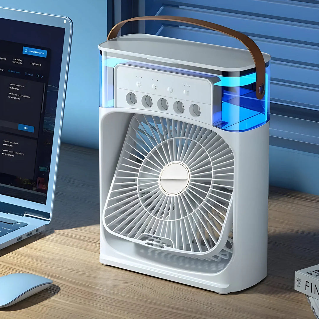 "Climatiseur portable blanc 3-en-1 avec LED, ventilateur intégré et humidificateur pour un confort optimal, design compact."