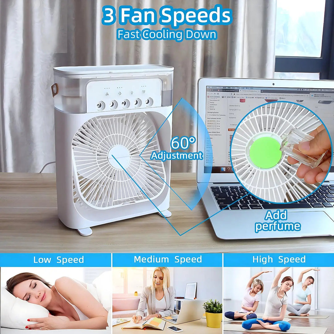 "Climatiseur portable blanc 3-en-1 avec LED, ventilateur intégré et humidificateur pour un confort optimal, design compact."
