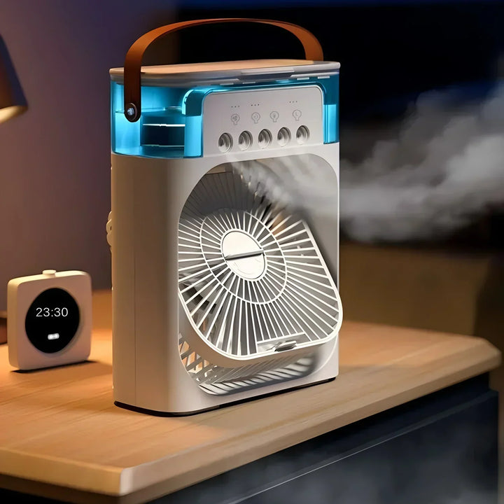 "Climatiseur portable blanc 3-en-1 avec LED, ventilateur intégré et humidificateur pour un confort optimal, design compact."