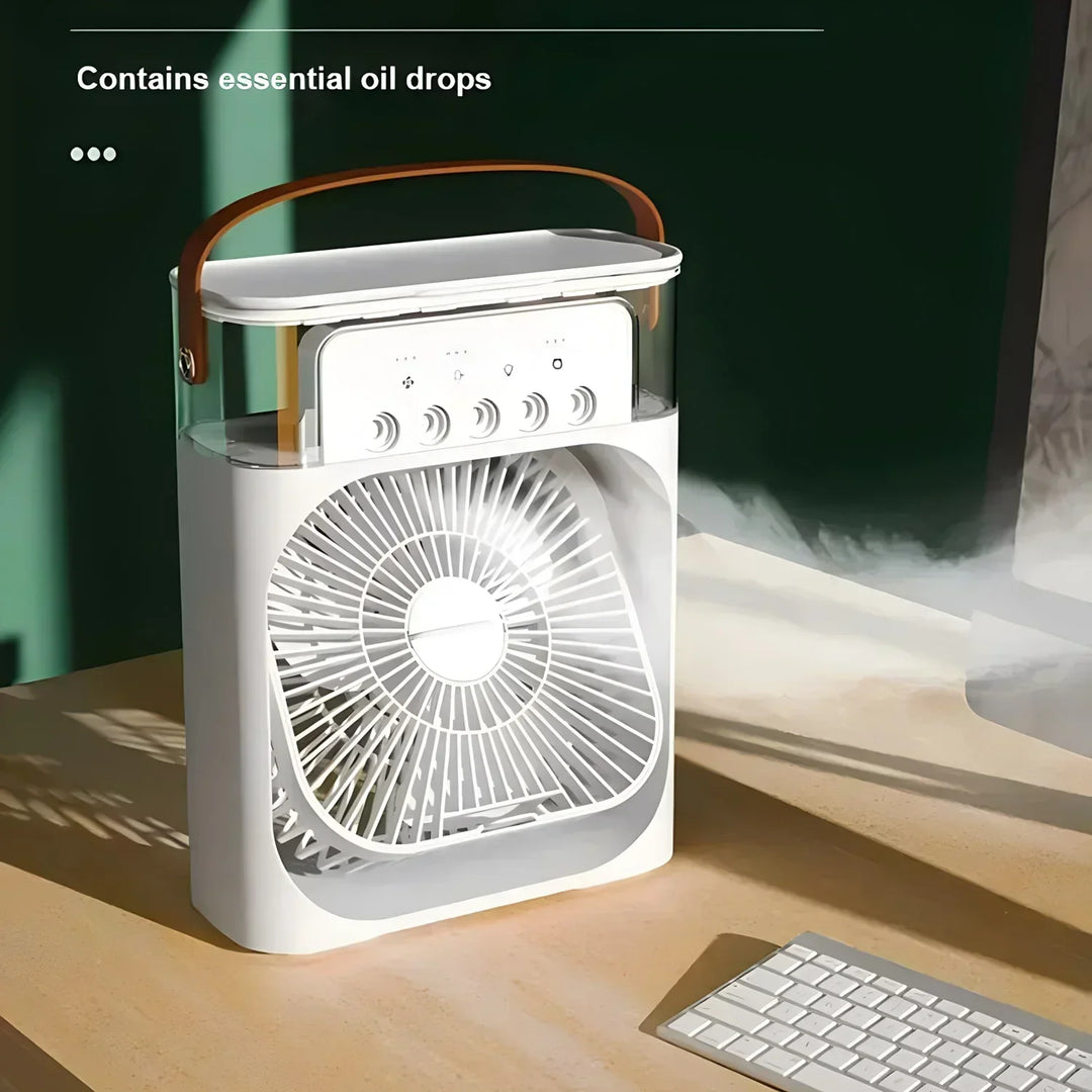 "Climatiseur portable blanc 3-en-1 avec LED, ventilateur intégré et humidificateur pour un confort optimal, design compact."