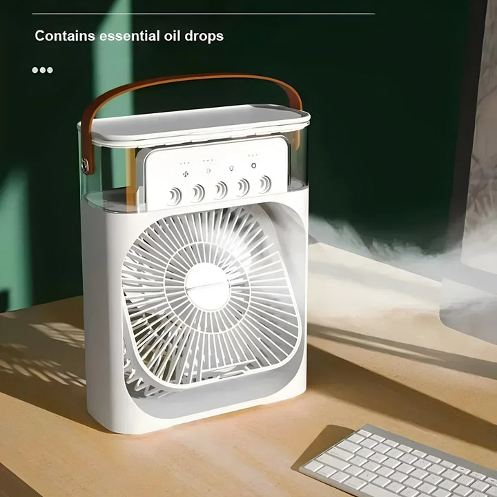 "Climatiseur portable blanc 3-en-1 avec LED, ventilateur intégré et humidificateur pour un confort optimal, design compact."