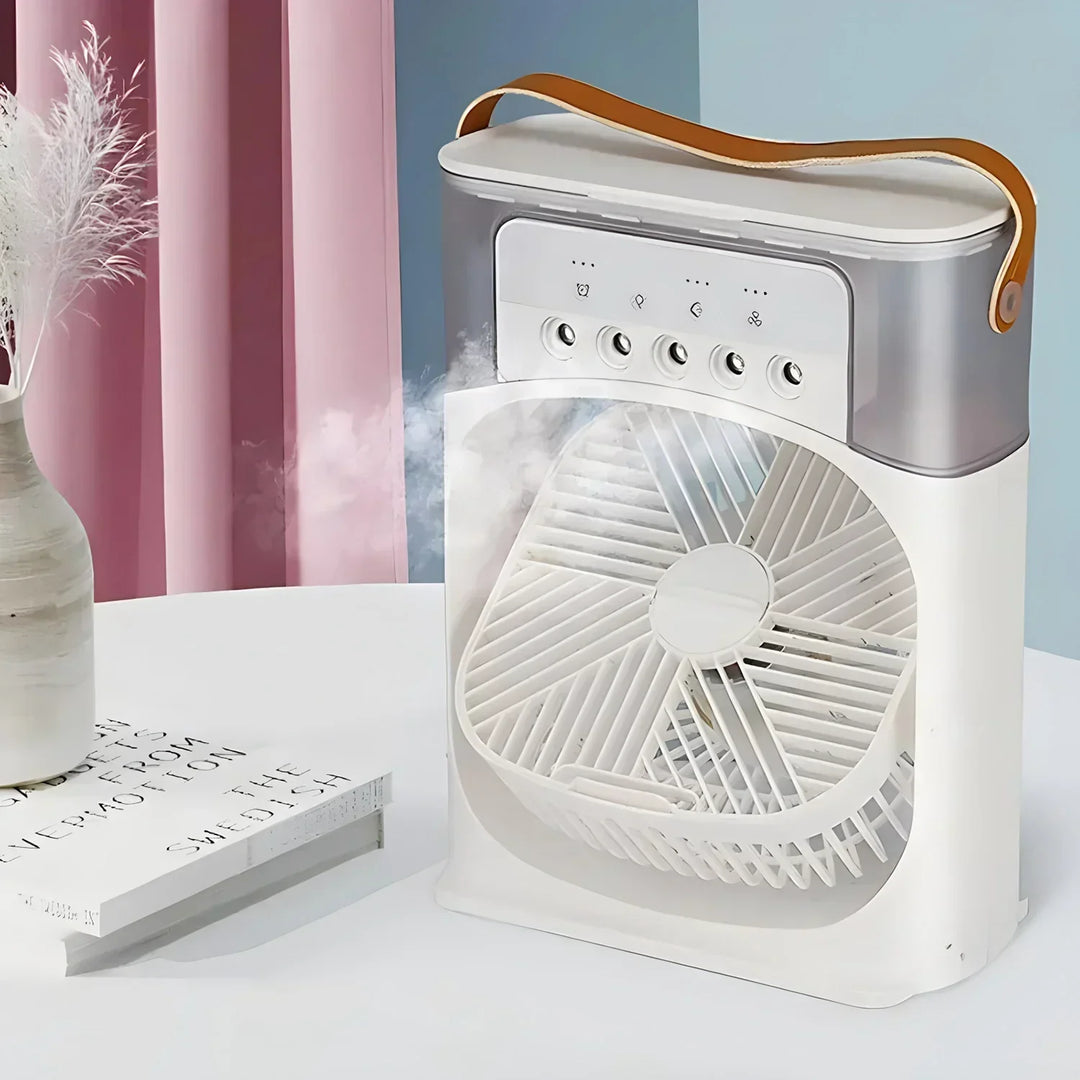 "Climatiseur portable blanc 3-en-1 avec LED, ventilateur intégré et humidificateur pour un confort optimal, design compact."