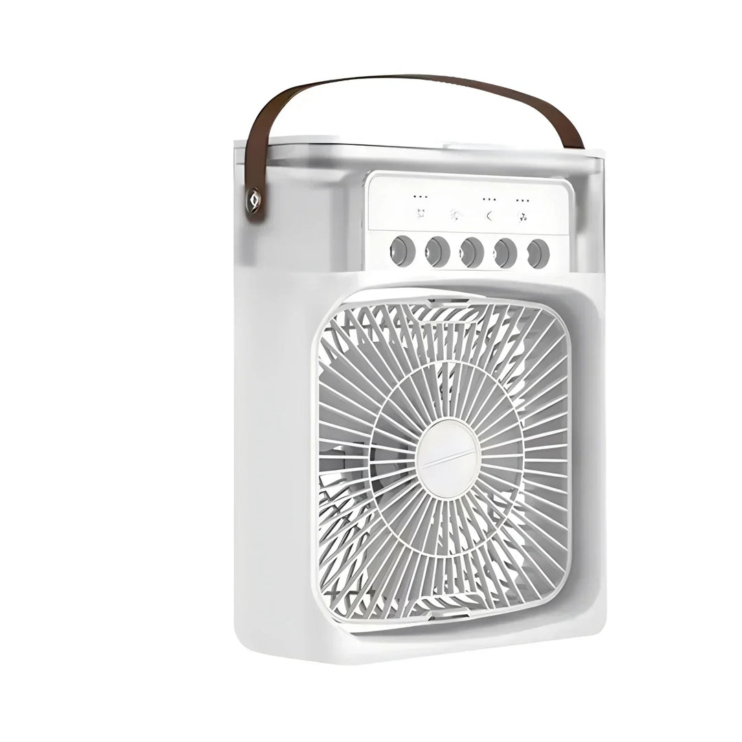 "Climatiseur portable blanc 3-en-1 avec LED, ventilateur intégré et humidificateur pour un confort optimal, design compact."