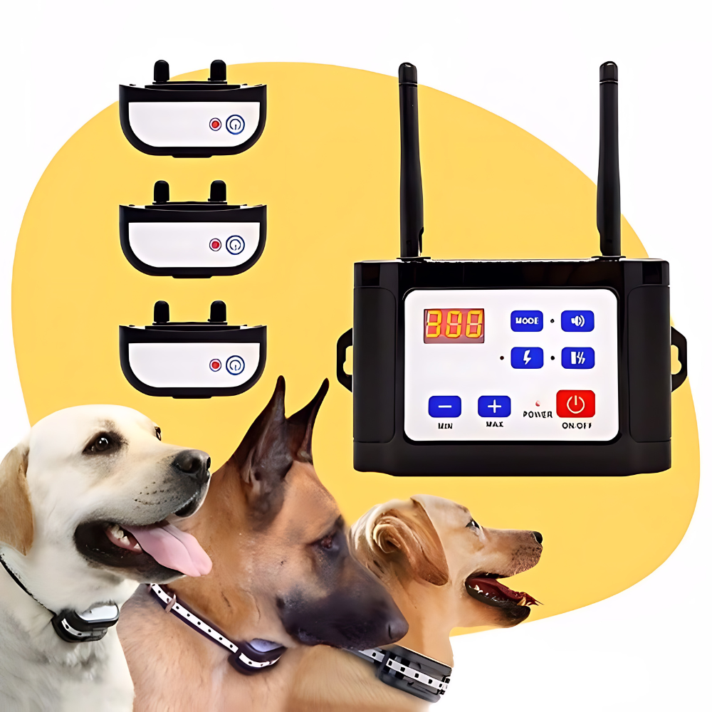 "Clôture électronique sans fil 2-en-1 avec collier de dressage pour chiens, réglable et étanche."