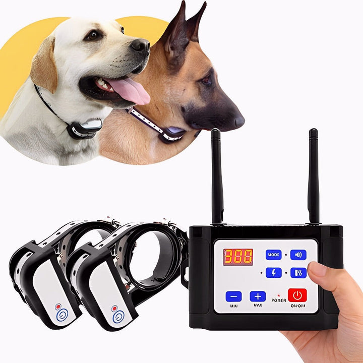 "Clôture électronique sans fil 2-en-1 avec collier de dressage pour chiens, réglable et étanche."