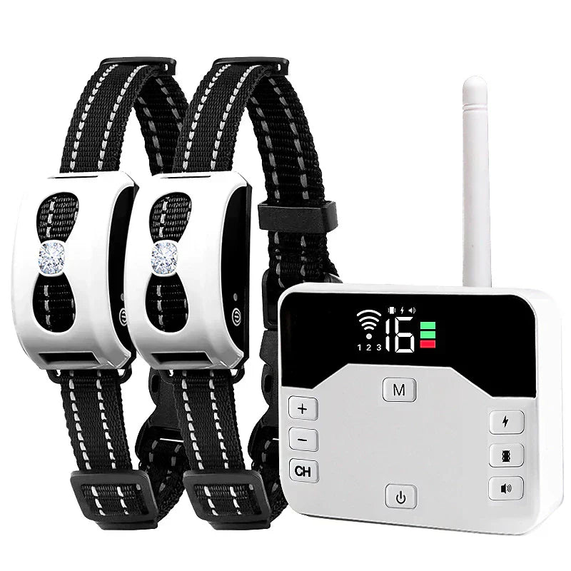 "Clôture sans fil 2-en-1, collier de dressage étanche, rechargeable, 300m de portée, pour chiens, sécurité optimale."