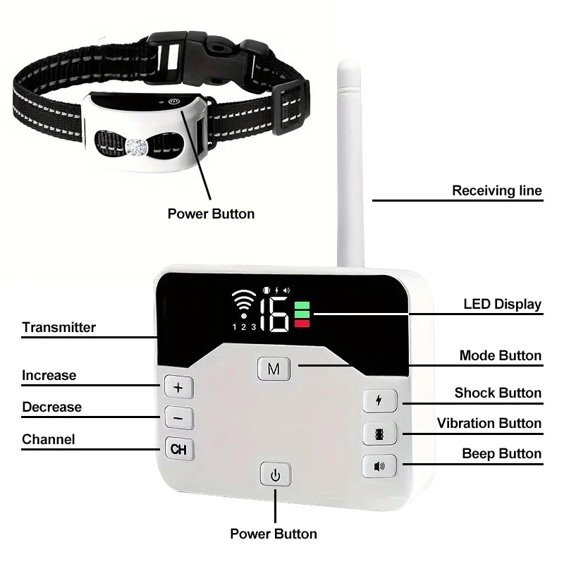 "Clôture sans fil 2-en-1, collier de dressage étanche, rechargeable, 300m de portée, pour chiens, sécurité optimale."
