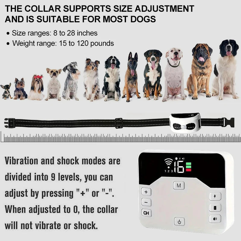 "Clôture sans fil 2-en-1, collier de dressage étanche, rechargeable, 300m de portée, pour chiens, sécurité optimale."