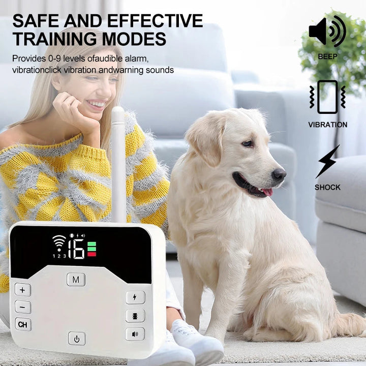 "Clôture sans fil 2-en-1, collier de dressage étanche, rechargeable, 300m de portée, pour chiens, sécurité optimale."