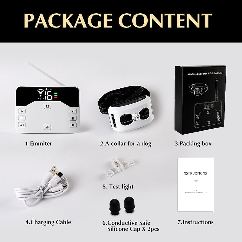 "Clôture sans fil 2-en-1, collier de dressage étanche, rechargeable, 300m de portée, pour chiens, sécurité optimale."