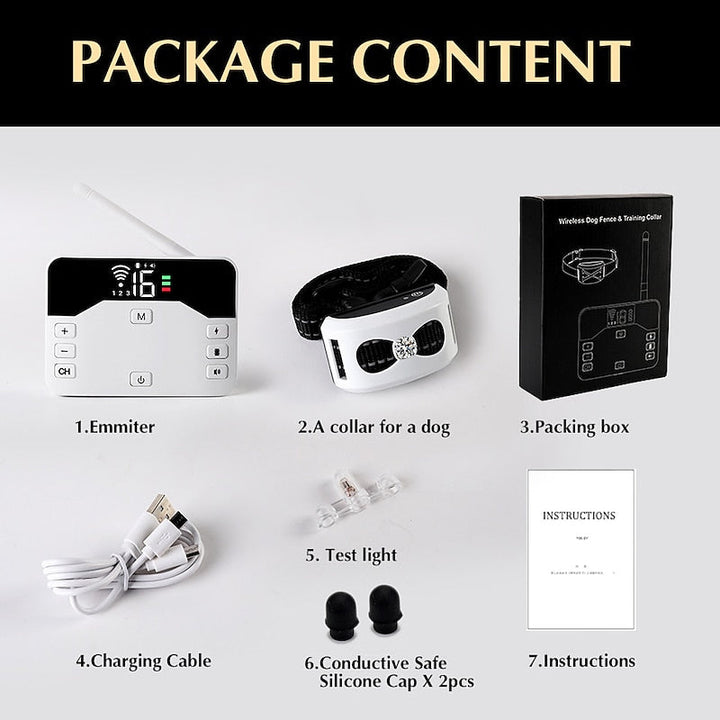 "Clôture sans fil 2-en-1, collier de dressage étanche, rechargeable, 300m de portée, pour chiens, sécurité optimale."