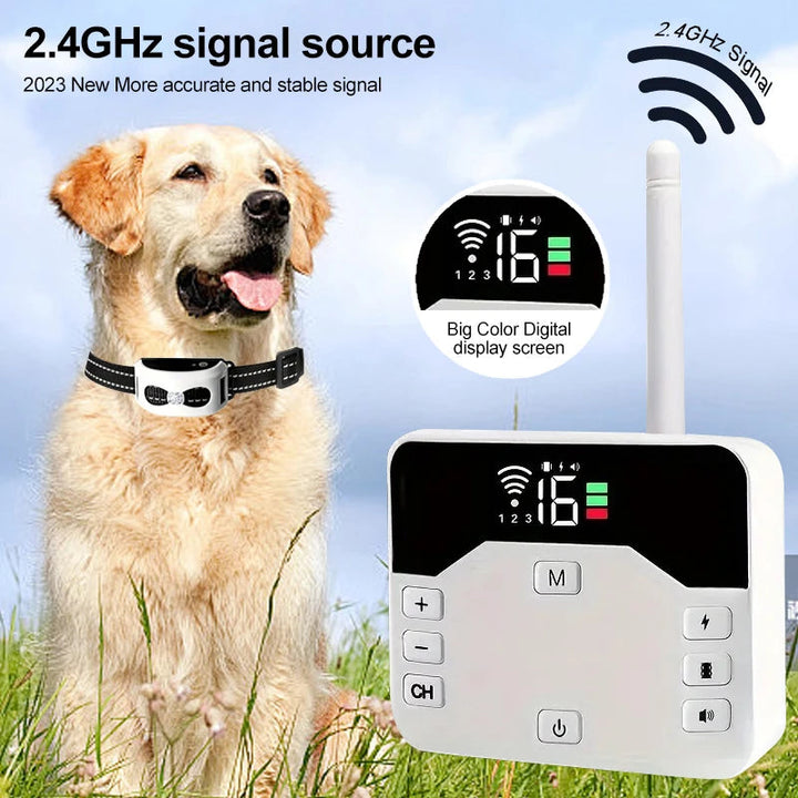 "Clôture sans fil 2-en-1, collier de dressage étanche, rechargeable, 300m de portée, pour chiens, sécurité optimale."